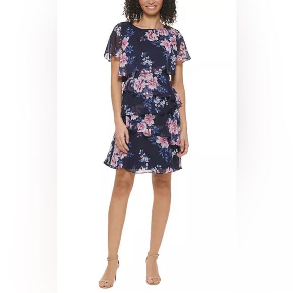 NWT $99 Short Sleeve Tiered Ruffle Chiffon Floral‎ Dress 4 Petite wedding Party - Picture 1 of 16